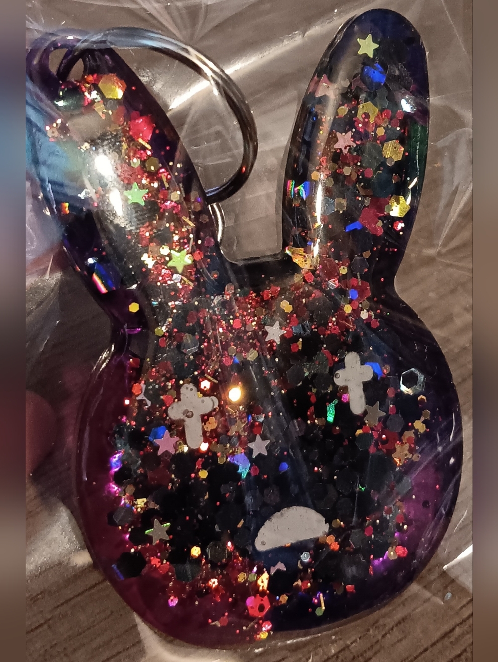 Glitter Bunny Keychain - Black & Multicolor Sparkle